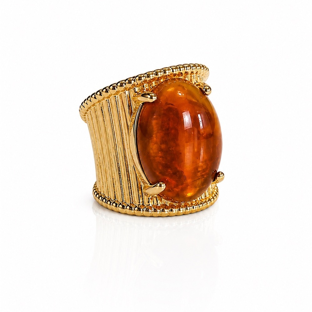 Gold-Plated Wide Band Ring with Amber Cabochon